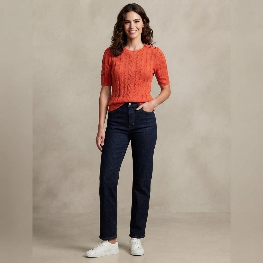 Banana Republic Short Sleeve Cable Knit Sweater Button Shoulder Coral Orange PXS